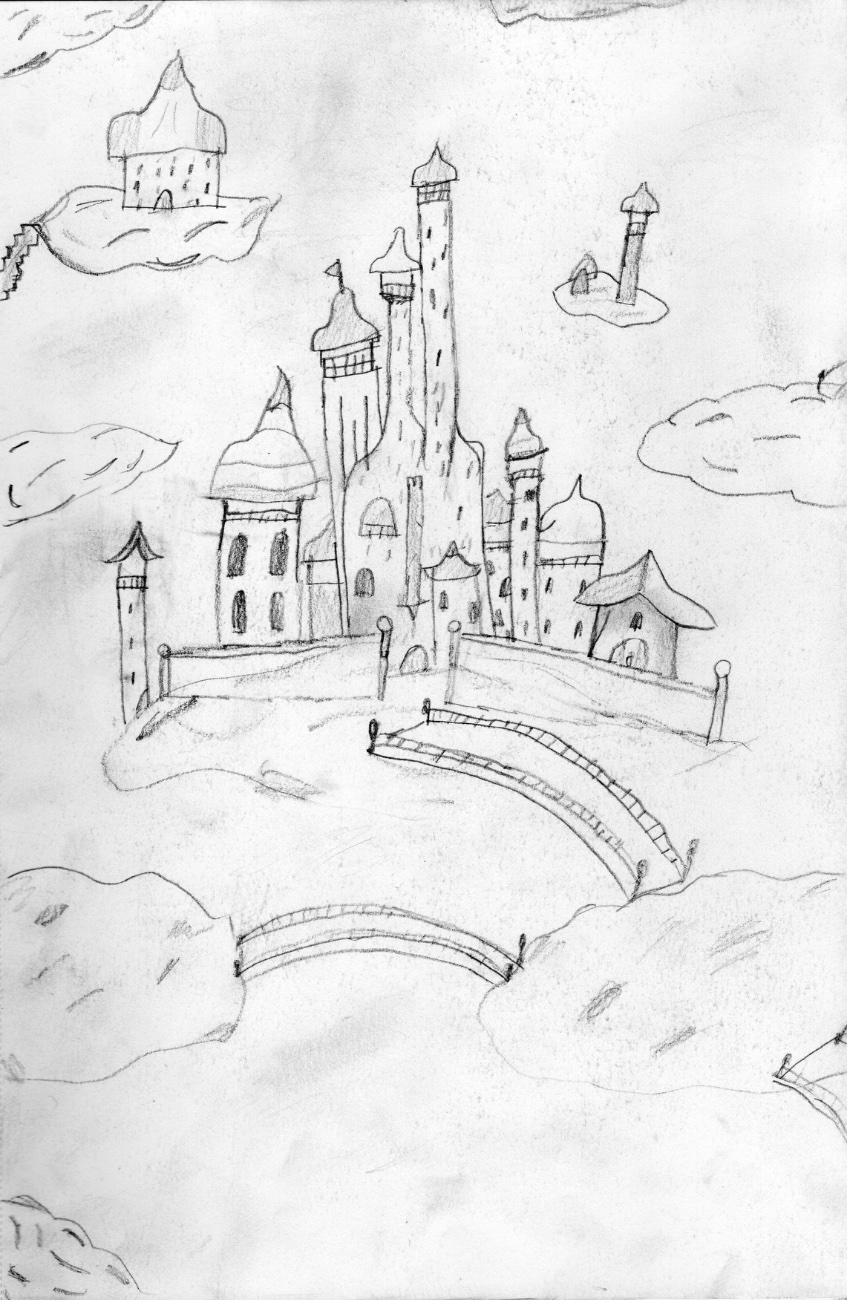 Bleistift-Illustration: schwebende Burg über den Wolken