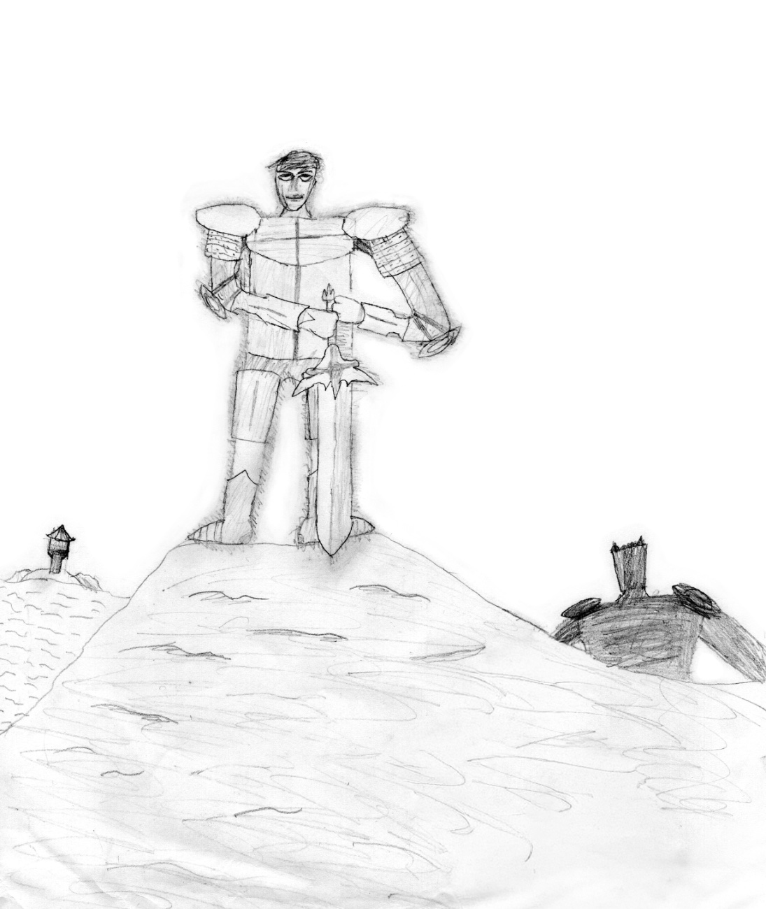 Bleistift-Illustration: Ritter mit Schwert auf einem Hügel